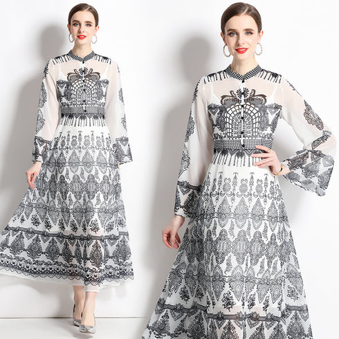 Vintage Ethnic Black Paisley Pattern, Stand-Up Collar, Long Flare Sleeve Dress